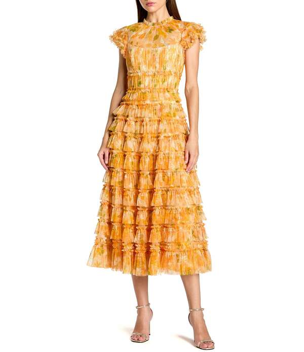 マックダガル レディース トップス 衣装 フラウンス メッシュ MIDI 旗がしら Mac Duggal Mesh Micro Ruffle Cap Sleeve Midi Dress Yellow Multi 黄色