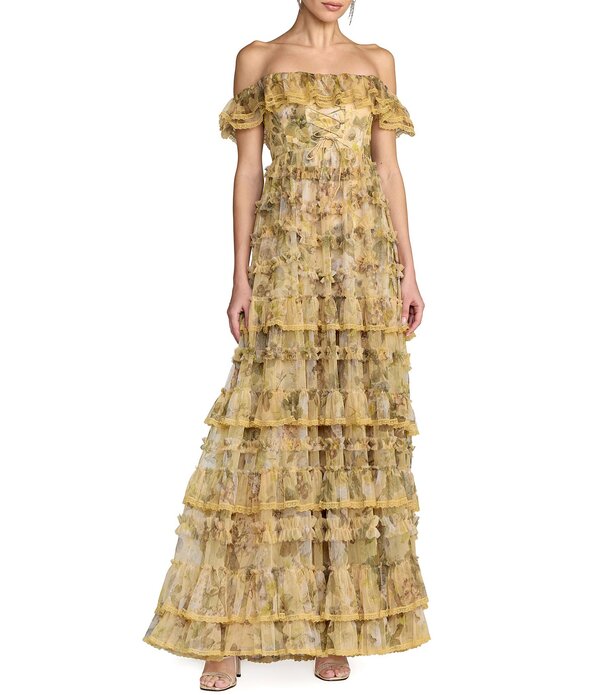 マックダガル レディース トップス 衣装 A 生産ライン 刷り上げる フラウンス メッシュ Mac Duggal Printed Mesh Off The Shoulderuffle A Line Gown Buttercream