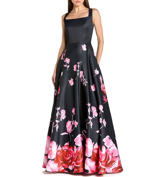 マックダガル レディース トップス 衣装 御花柄 刷り上げる 繻子 ノースリーブ 御花 Mac Duggal Printed Satin Sleeveless Floral Square Neck Gown Black Multi 黒いこと