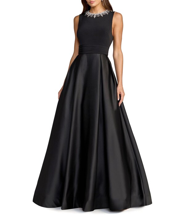 マックダガル レディース トップス 衣装 繻子 ノースリーブ プルオーバー Mac Duggal Jersey Sleevelessatin Square Neck Gown Black 黒いこと