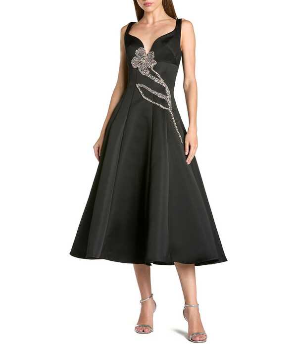 マックダガル レディース トップス 衣装 MIDI 繻子 ノースリーブ Mac Duggal Sleevelessatin Midi Dress With Flower Black Gold 黒いこと
