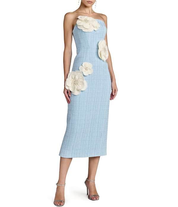 マックダガル レディース トップス 衣装 MIDI ストラップレス Mac Duggal Strapless Boucle Fitted Midi Dress With 3D Flowers Powder Blue 青色