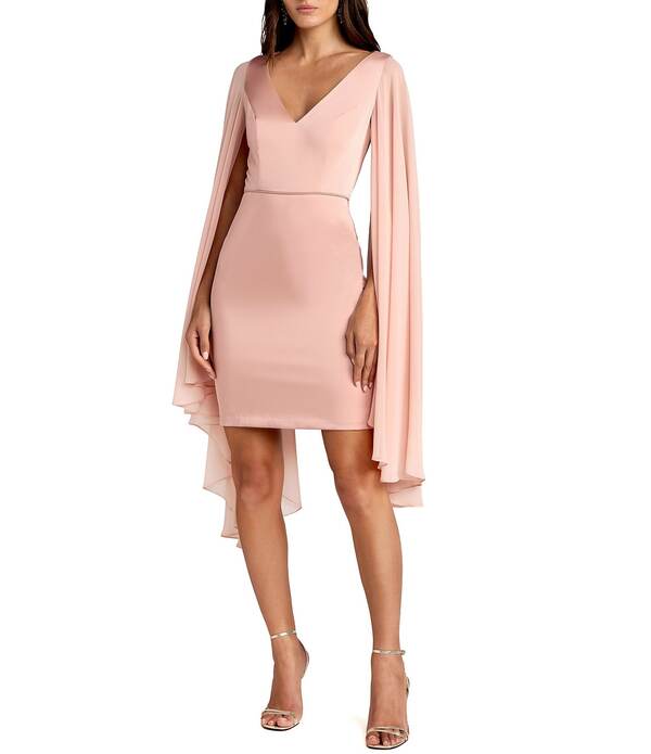 マックダガル レディース トップス 衣裳 Vのど首 ケープひな形 ミニ 旗がしら ケープ Mac Duggal Cape Sleeve V Neck Fitted Mini Dress Blush 毛はらい