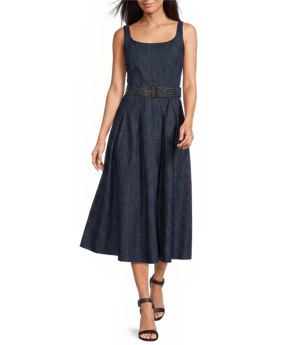 長い巻き毛 ラガーフェルド レディース トップス 衣装 MIDI KARLAGERFELD PARISquare Neck Belted Stretch Twill Midi Dress Indigo インディゴ