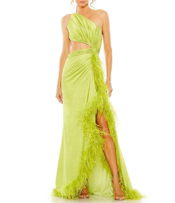 マックダガル レディース トップス 衣装 カットアウト Mac Duggal One Shoulder Feather Trim Cut Out Long Dress Lime 菩提樹