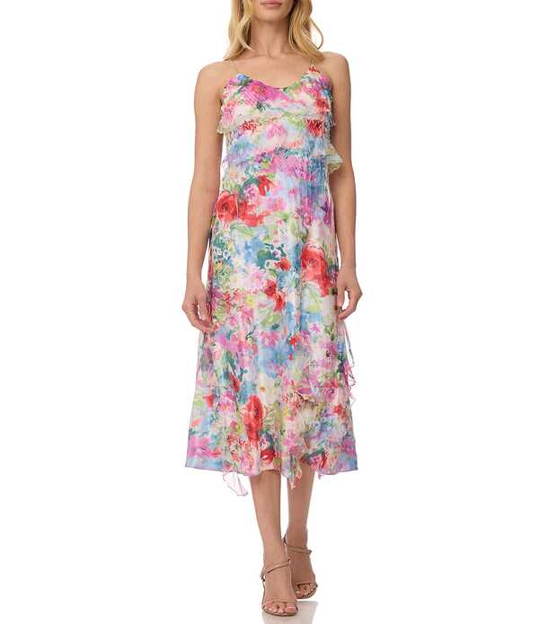 コマロフ レディース トップス 衣裳 シフォン 刷り上げる フラウンス MIDI Komarov Printed Charmeuse Sheath Midi Dress With Chiffon Cascading Ruffles MONET FLORAL