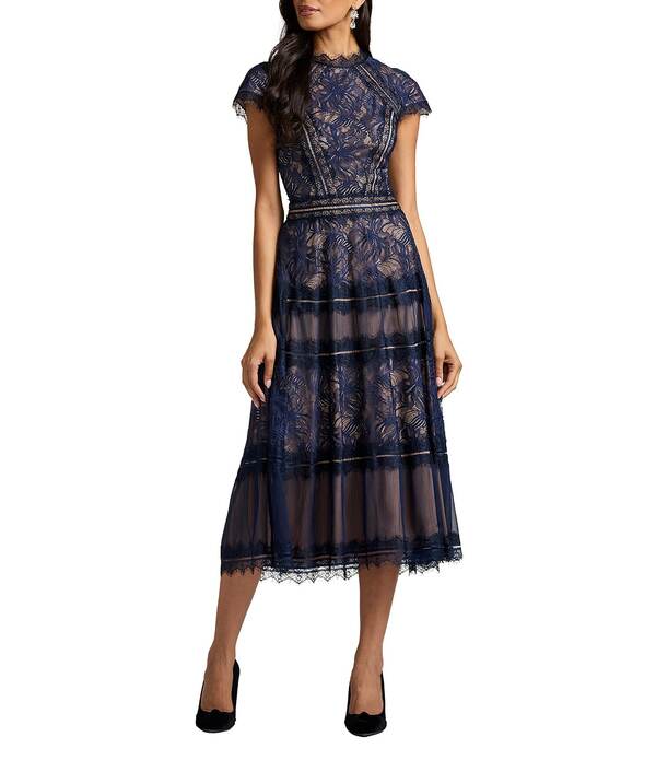 タダシショージ レディース トップス 衣装 A 生産ライン MIDI 刺しゅう スピード競技 Tadashi Shoji Mock Short Sleevembroidered Lace Aline Midi Dress Royal Navy/Nude 米国海軍