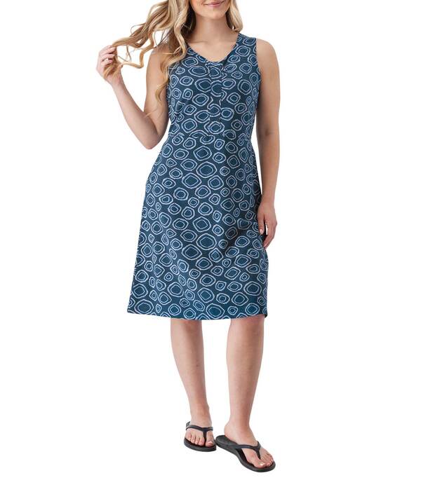 アベンチュラ レディース トップス 衣装 刷り上げる ノースリーブ 綿織物 Aventura Cali Organicotton Scoop Neck Sleeveless Geometric Print Fit \u0026 Flare Dress Dark Blue 青色