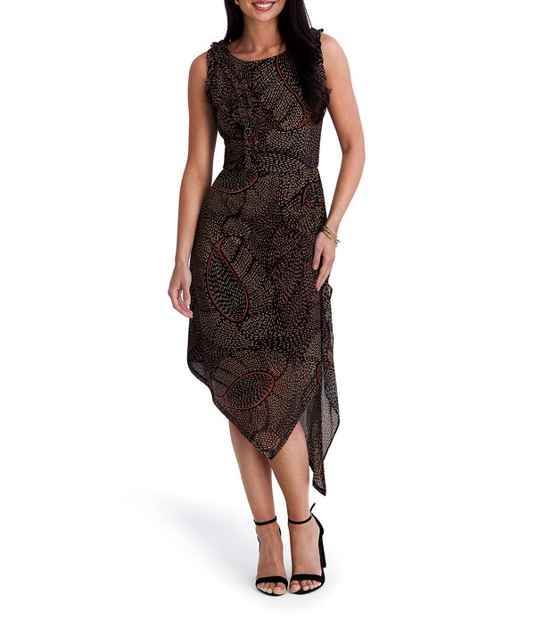 ケンジー レディース トップス 衣装 非対称 刷り上げる メッシュ MIDI ノースリーブ Kensie Jewel Neck Sleeveless Asymmetrical Hem Abstract Paisley Printed Mesh Midi Dress Black Multi 黒いこと