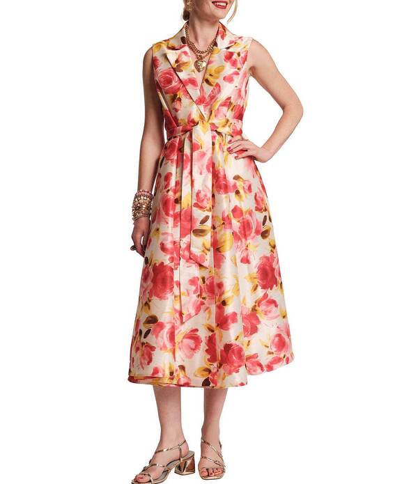 フランセスバレンタイン レディース トップス 衣装 Vのど首 刷り上げる MIDI ノースリーブ FRANCES VALENTINE Lucia English Rose Print Dupioni Sleeveless Peak Lapel V-Neck Midi Wrap Dress Oyster/Pink/Multi サクラ色