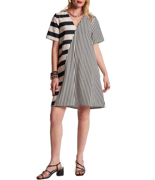 フランセスバレンタイン レディース トップス 衣裳 Vのど首 綿織物 FRANCES VALENTINE Schooner Mixed Stripe Cotton Poplin V-Neck Short Sleeve Shift Dress Navy/Oyster 米国海軍
