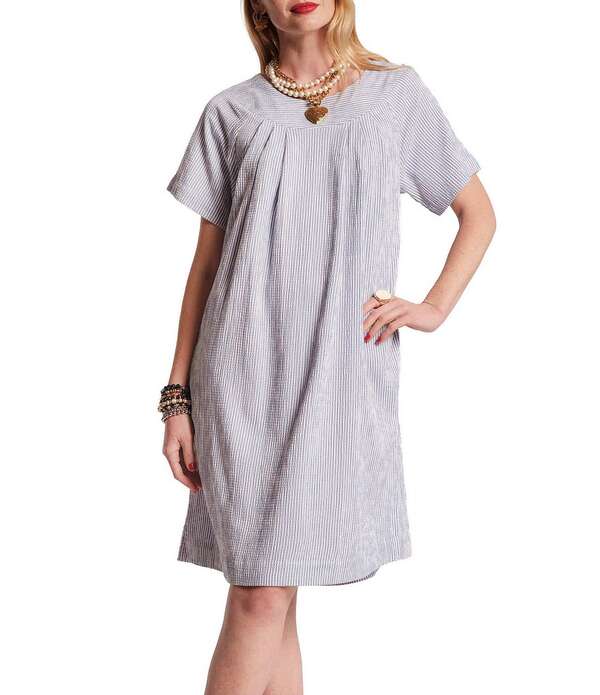 フランセスバレンタイン レディース トップス 衣裳 綿織物 FRANCES VALENTINE Cotton-Blend Seersucker Stripe Wide Yoke Scoop Neck Short Sleeve Shift Easy Dress Light Blue/White 白いこと