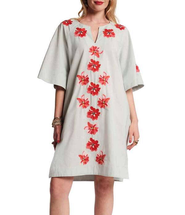 フランセスバレンタイン レディース トップス 衣装 Vのど首 御花柄 刺しゅう 御花 FRANCES VALENTINEmbroidered Floral Applique Detail Split V-Neck Short Bell Sleeves Charming Caftan Dress Light Blue/Red/Pink 青色