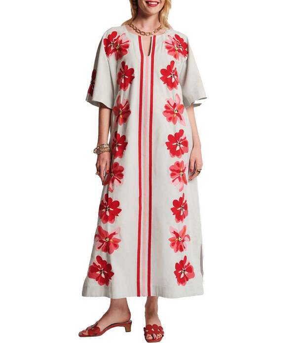 フランセスバレンタイン レディース トップス 衣装 Vのど首 御花柄 刺しゅう マキシ 御花 FRANCES VALENTINEmbroidered Floral Applique Split V-Neck Short Bell sleeves Charming Maxi Caftan Dress Light Blue/Red/Pink 青色