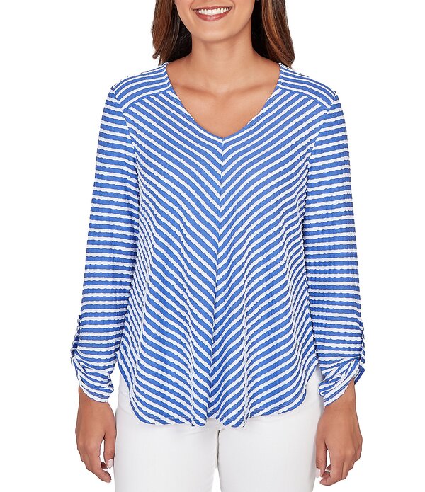 ルビーアールディー レディース トップス Tシャツ Vネック プチ Ruby Rd. Petite Size Scalloped Stripe V-Neck 3/4 Roll-Tab Sleeve Top Sea Blue ブルー|ReVida 店