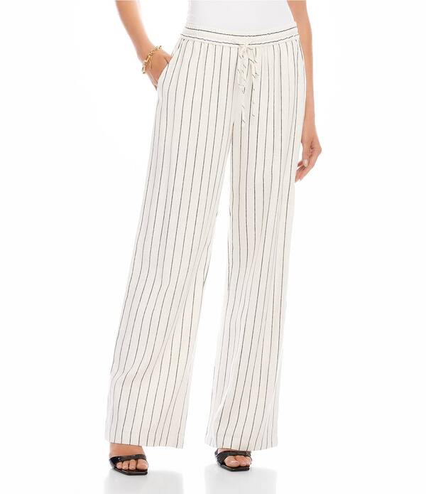 カレンケーン レディース ボトムス 心地好いズボン下 ワイドレッグ リネン Karen Kane Coordinating Linen Blend Striped High Rise Wide Leg Drawstring Pants Cream/Black 皮膚軟化剤