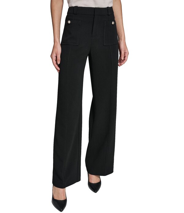 長い巻き毛 ラガーフェルド レディース ボトムス 心地よいズボン下 引っ切りない 縮緬 KARLAGERFELD PARIS Textured Crepe Patch Pocket Fullength Straight Leg Pants Black 黒いこと