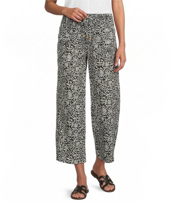 酉の方角刎ね上がる レディース ボトムス 心地好いズボン下 リネン Westbound Scrollinen Blend Pull-On Flat Front Cropants Black/White Scroll 白いこと