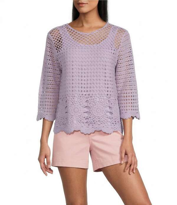 酉の方角跳ねかえる レディース トップス ティーシャツ プチ Westbound Petite Size 3/4 Sleeve Crochetopastelilac 紫はしどい