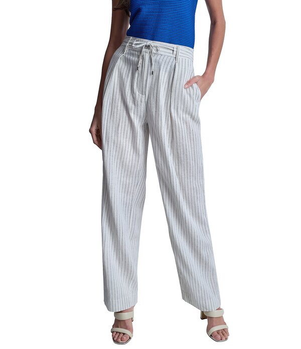 ダナキャラン レディース ボトムス 心地よいズボン下 ワイドレッグ 筋目 リネン DKNY by Donna Karan Coordinating Linen Blend Stripe Pleated Wide Leg Pants Ivory/Admiral 象牙色