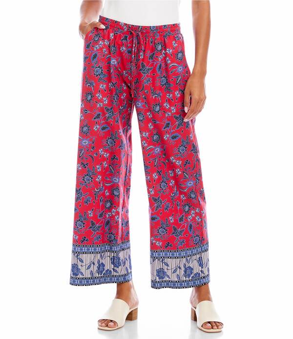 カレンケーン レディース ボトムス 心地よいズボン下 ワイドレッグ 刷り上げる クロップド Karen Kane Poplin Batik Border Print Drawstring Wide Leg Cropped Pants Red 赤いこと