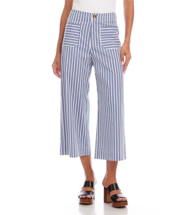 カレンケーン レディース ボトムス 心地よいズボン下 ワイドレッグ クロップド Karen Kane Coordinating Stretch Woven Yarn-Dye Stripe Wide Leg Cropped Pants Blue/Off White 象牙色