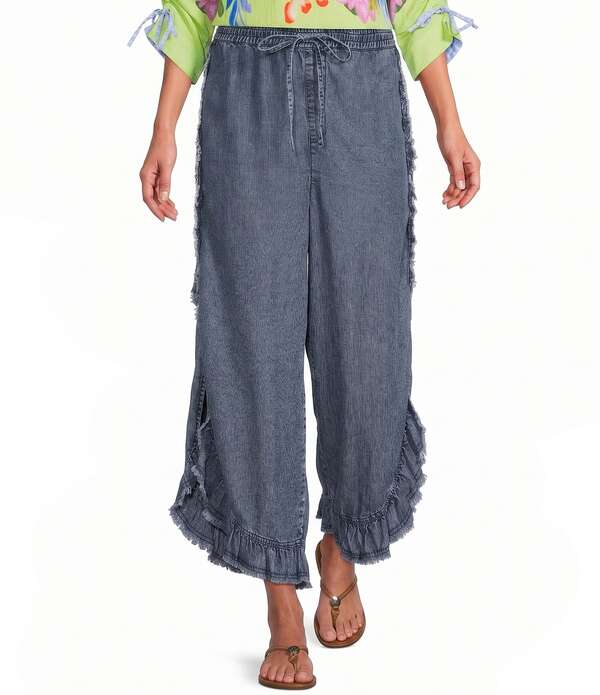 ジョン 見澄ます レディース ボトムス 心地よいズボン下 ワイドレッグ フラウンス ジーンズ フリンジ John Mark Denim Ruffle Petal Fringe Tie Front Wide Leg Pants Denim ジーンズ