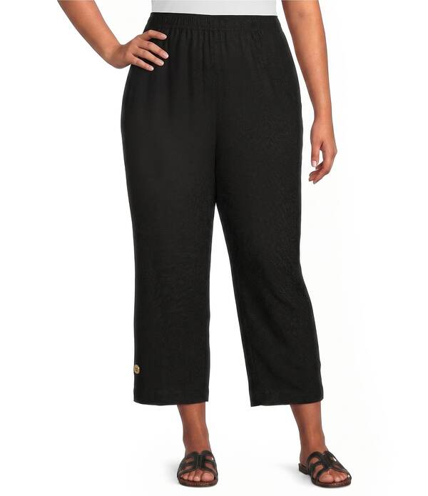 蟻 マイルス レディース ボトムス 心地好いズボン下 足し加える大いさ アンクル Ali Miles Plusize Woven Side-Button Detail Hem PUll-On Ankle Pants Black 黒いこと