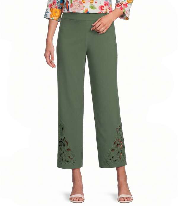 インベストメンツ レディース ボトムス カジュアルパンツ ワイドレッグ カットアウト プチ Investments Petite Size Wide Leg Embroidery Cut Out Cropants Olive オリーブ｜ReVida 店