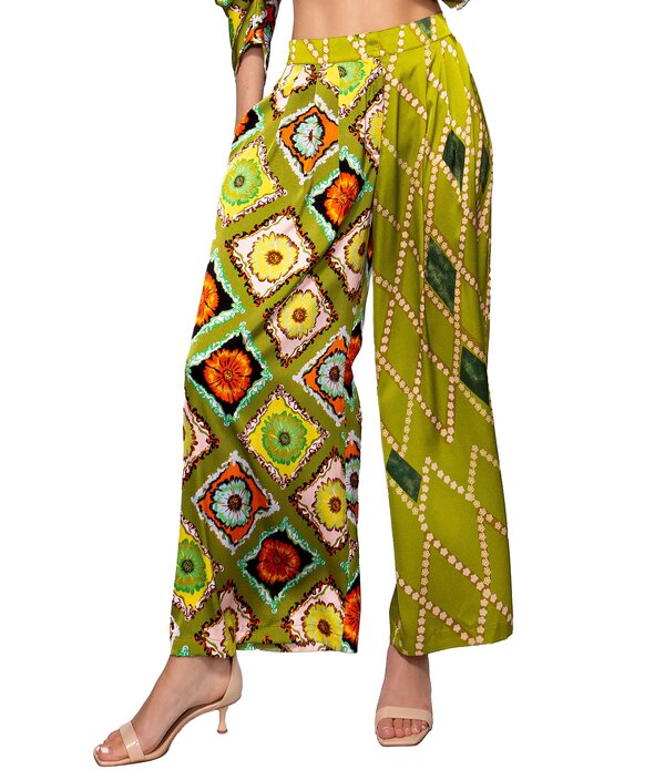 メロデイ レディース ボトムス 心地よいズボン下 ワイドレッグ 刷り上げる 繻子 MELLODAY Coordinating Satin Mix Print Wide Leg Pants Green Multi 緑であること