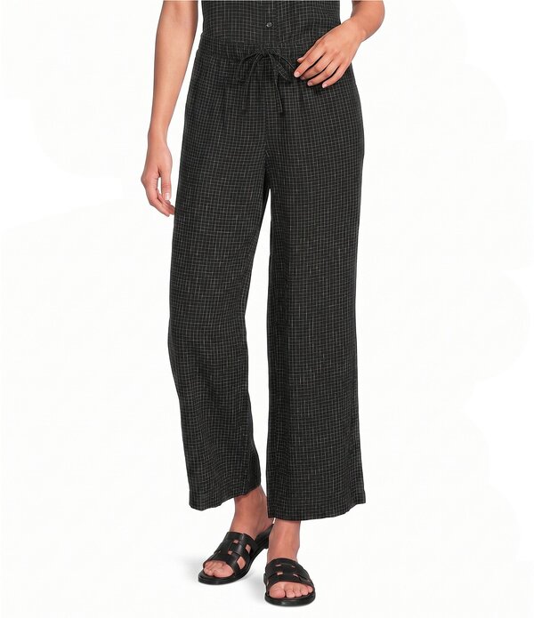 エイリーンフィッシャー レディース ボトムス 心地好いズボン下 アンクル リネン Eileen Fisher Puckered Organic Linen Grid Elastic Waist Wide Ankle Pants Black/White 白いこと