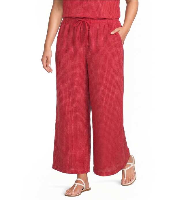 エイリーンフィッシャー レディース ボトムス 心地好いズボン下 つけ加える大きさ アンクル リネン Eileen Fisher Plus Puckered Organic Linen Grid Elastic Waist Wide Ankle Pants Grenadine