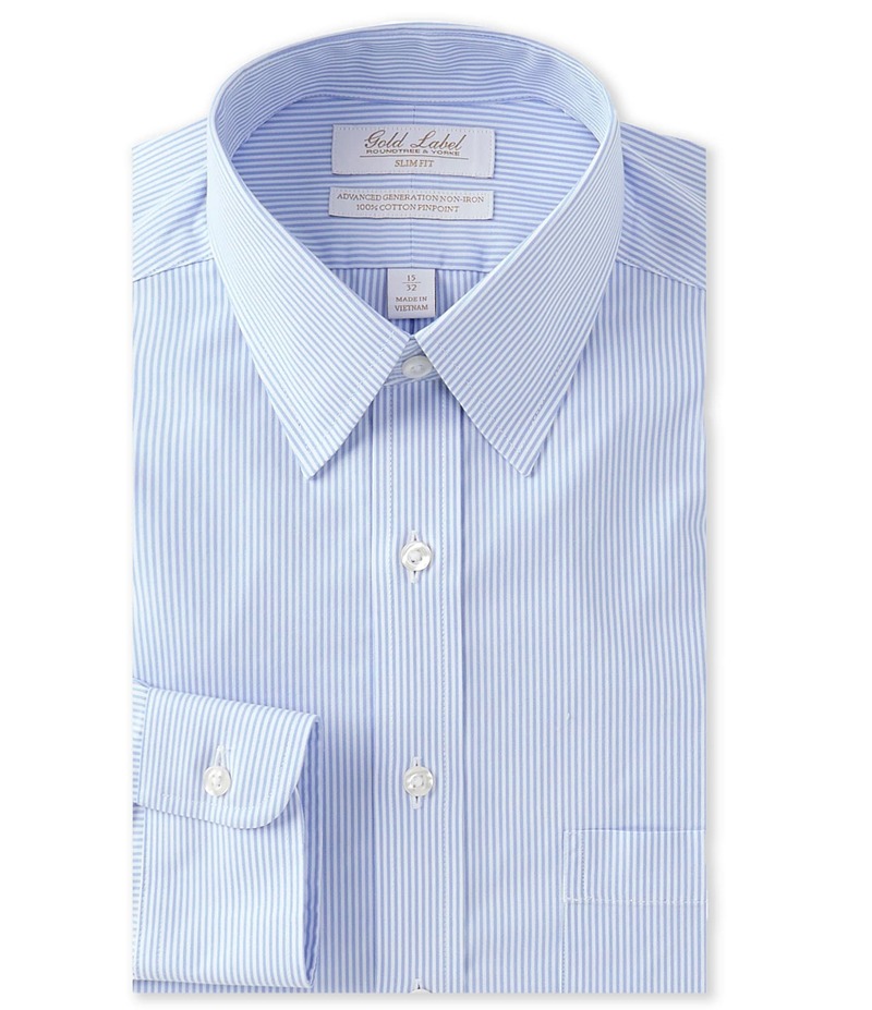 ラウンドトゥリーアンドヨーク メンズ トップス シャツ スリムフィット Gold Label Roundtree & Yorke Slim Fit Non-Iron Point Collar Striped Dress Shirt Blue/White ホワイト
