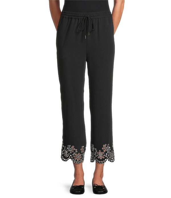 マルチプルズ レディース ボトムス 心地好いズボン下 刺しゅう Multiples Coordinating Embroidered Scalloped Hem Pull-On Pants Black 黒いこと