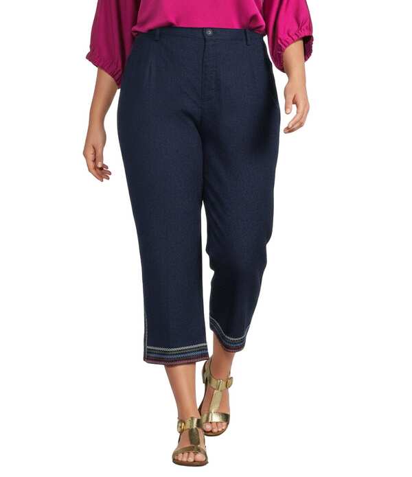 ジョン 目じるし レディース ボトムス 心地好いズボン下 足し加える大いさ リネン John Mark Plusize Linen Blend Straight High Risembroidery Pants Navy 米国海軍