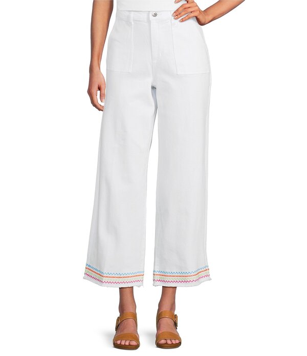 ジョン 見澄ます レディース ボトムス 心地よいズボン下 ワイドレッグ 刺しゅう アンクル John Mark Woven Wide Leg Embroidered Hem Ankle Pants White 白いこと