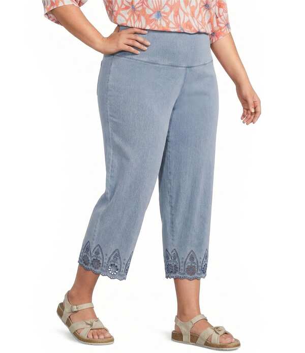 イントロ レディース ボトムス カジュアルパンツ ストレート プラスサイズ デニム ニット Intro Plusize Knit Denim Wash Schiffli Straight Leg Hem Pull-On Pants Lake Wash デニム｜ReVida 店