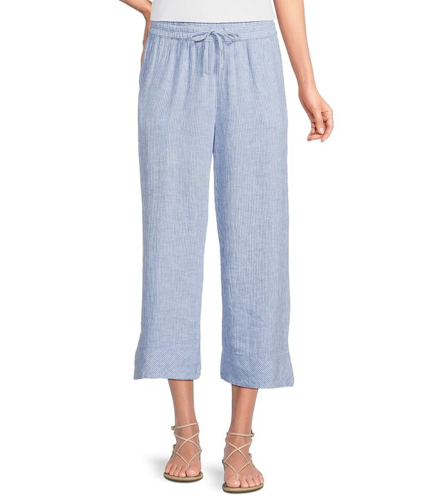 蟻 マイルス レディース ボトムス 心地好いズボン下 プチ クロップド Ali Miles Petite Size Yarn-Dyed Stripedrawcord Cropped Pants Clear Blue 青碧