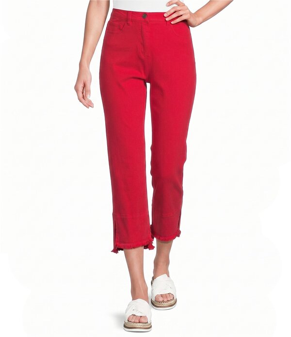マルチプルズ レディース ボトムス 心地好いズボン下 ジーンズ フリンジ SlimsationR by Multiplestretch Denim Fringe Detail Copped Pants Fiery Red 赤いこと