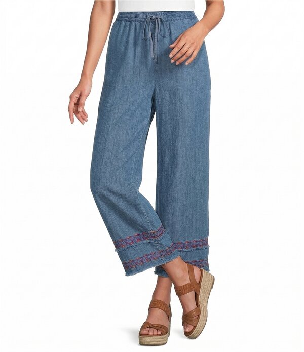 ジョン 見澄ます レディース ボトムス 心地よいズボン下 ワイドレッグ 刺しゅう クロップド John Mark Embroidered Wide Leg Pull-On Cropped Pants Chambray
