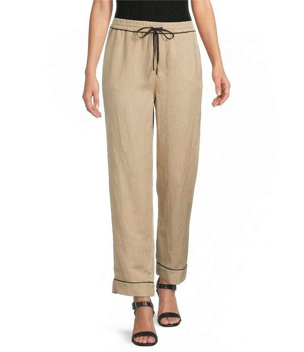長い巻き毛 ラガーフェルド レディース ボトムス 心地よいズボン下 対比 リネン KARLAGERFELD PARIS Linen-Blend Contrastrim Drawstring Pull-On Pants French Beige ベージュ