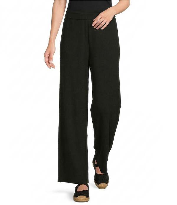 エイリーンフィッシャー レディース ボトムス 心地好いズボン下 ワイドレッグ 肋筋 編み物 Eileen Fisheribbed Knit Flat Front Wide Leg Pants Black 黒いこと