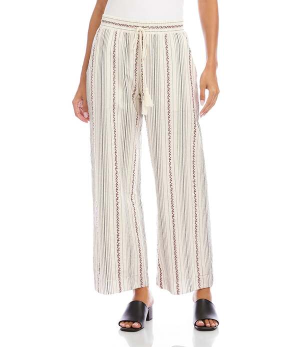 カレンケーン レディース ボトムス 心地よいズボン下 ワイドレッグ 刺しゅう クロップド Karen Kane Coordinating Stripembroidered High Rise Wide Leg Cropped Pants Natural 縞模様