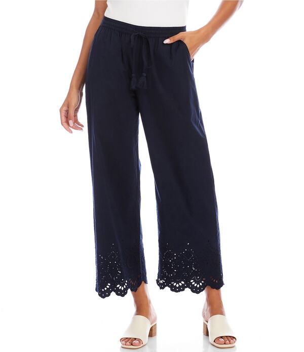 カレンケーン レディース ボトムス 心地よいズボン下 ワイドレッグ 刺しゅう クロップド Karen Kane Coordinating Poplin High Rise Wide Leg Embroidered Scalloped Hem Cropped Pants Navy 米国海軍