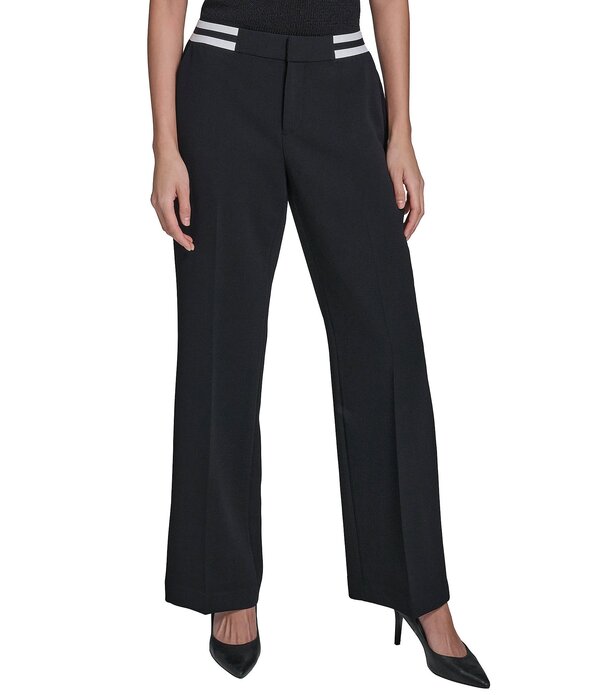 長い巻き毛 ラガーフェルド レディース ボトムス 心地よいズボン下 引っ切り無い 縮緬 KARLAGERFELD PARIS Textured Crepe Straight Leg Pants Black 黒いこと