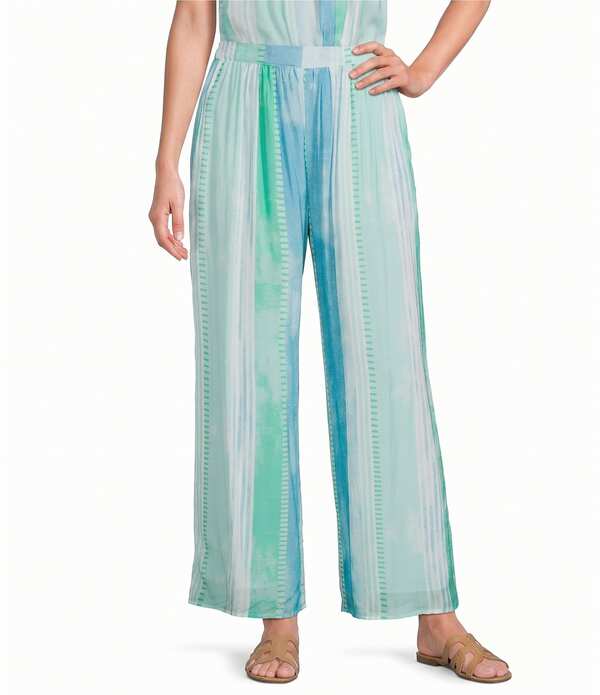 エラン レディース ボトムス 心地よいズボン下 ワイドレッグ ELAN Coordinating Stripe Pull-On Wide Leg Pants Blue Strovia 青碧
