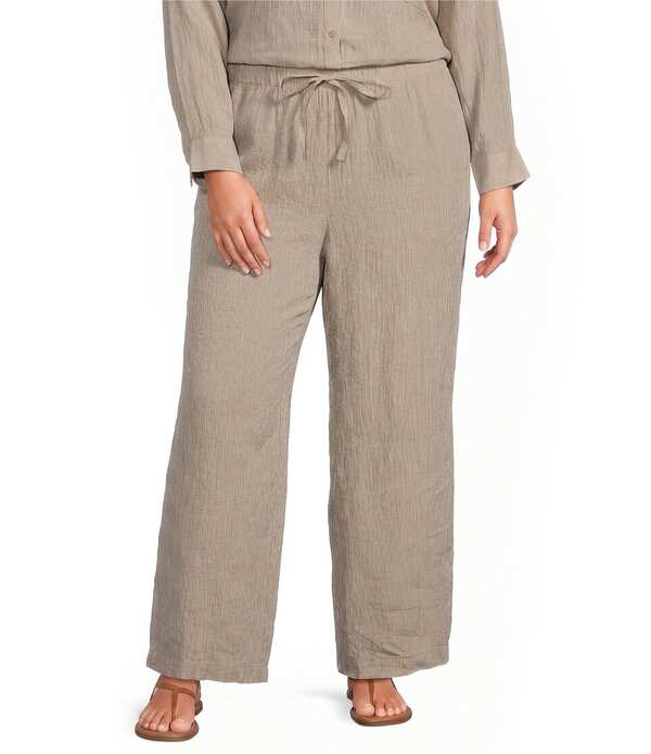 エイリーンフィッシャー レディース ボトムス 心地好いズボン下 つけ加える大きさ アンクル リネン Eileen Fisher Plus Puckered Organic Linen Stripe Drawstring Wide Ankle Pants Wheat 縞模様