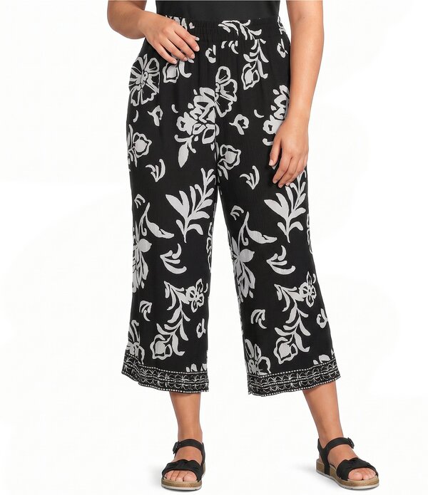 アリソン デイリー レディース ボトムス カジュアルパンツ フラワー柄 プラスサイズ プリント フラワー Allison Daley Plusize Floral Print Pull-On Crinkle Soft Cropants Black Garden Border ブラック|ReVida 店