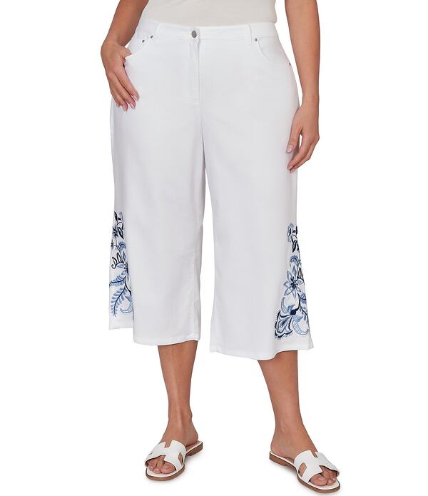 ルビーアールディー レディース ボトムス カジュアルパンツ プラスサイズ 刺繍 デニム キャップ Ruby Rd. Plusizembroidered Wide-Leg Capri Denim Pant White ホワイト|ReVida 店