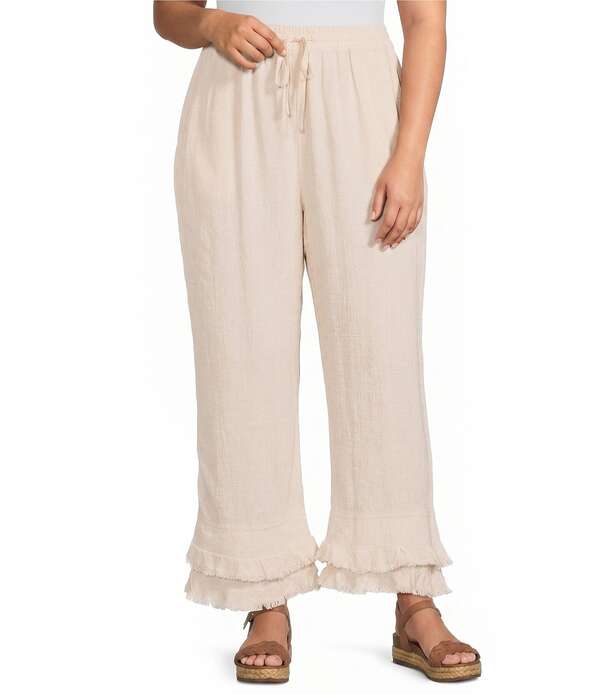マルチプルズ レディース ボトムス カジュアルパンツ プラスサイズ クロップド フリンジ Multiples Plusize Coordinating Textured Slub Elastic Drawstring Double Fringe Flounce Hem Cropped Pants Flax｜ReVida 店